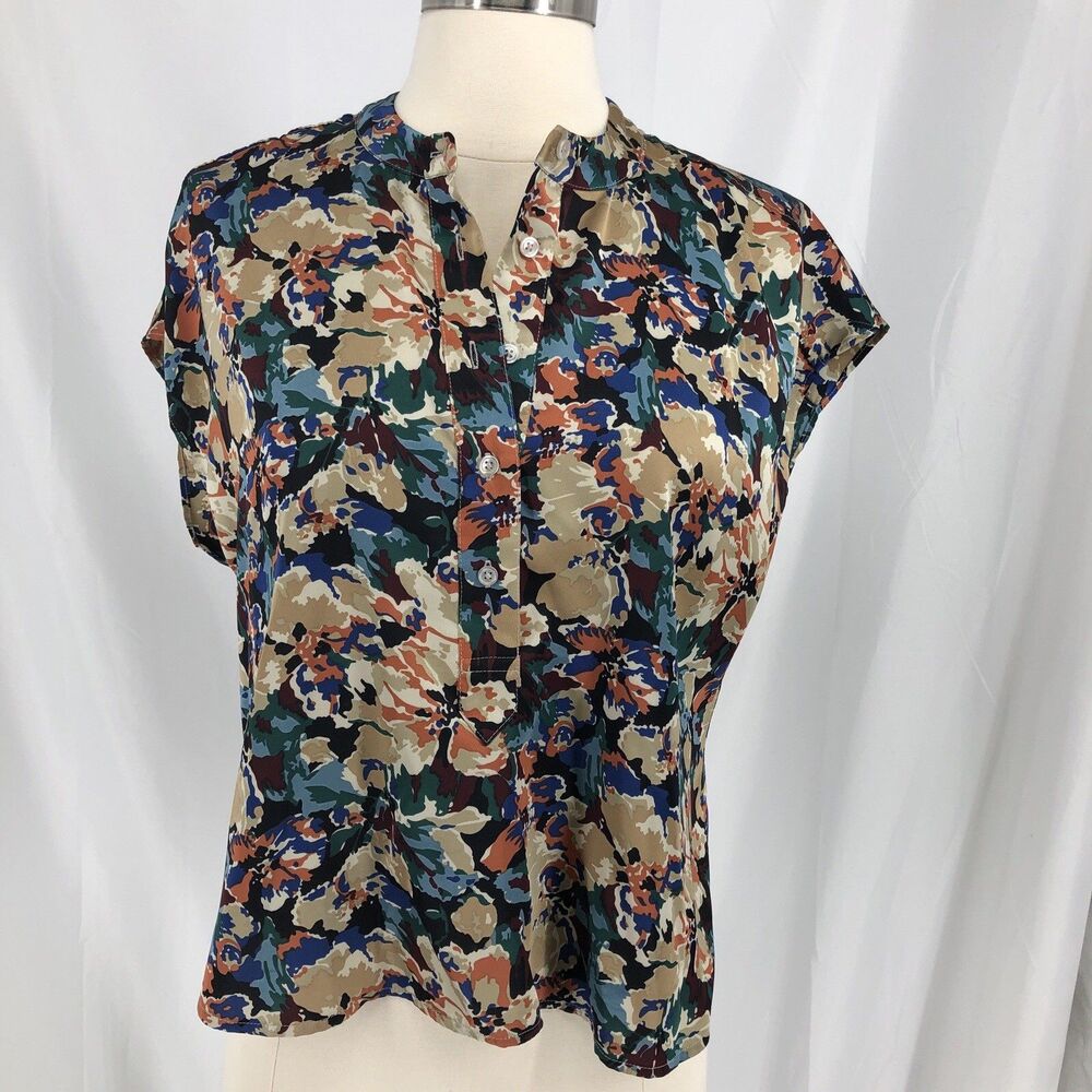 Banana Republic Blouse Women XS Multi Color Satin Floral Boxy Short Sleeve Top
